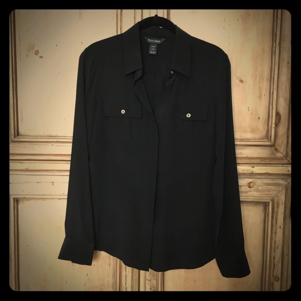 White House Black Market blk 100% silk l/s blouse